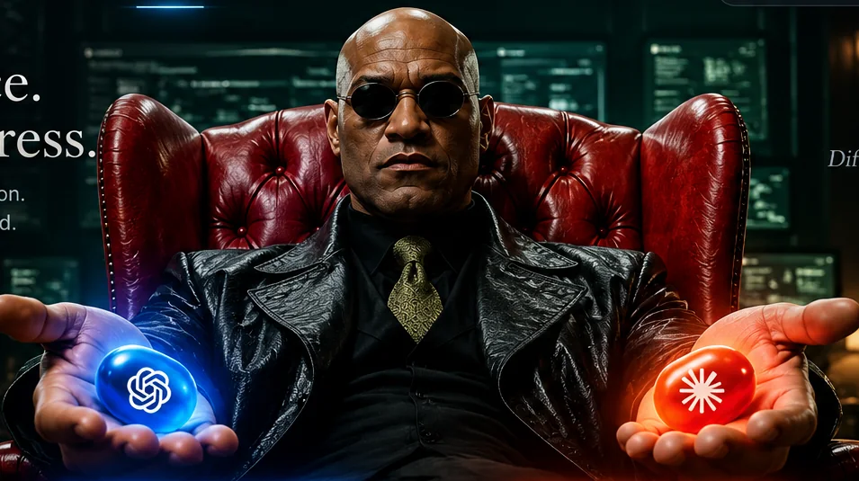 Mysterious mentor in a red leather chair, offering two choices